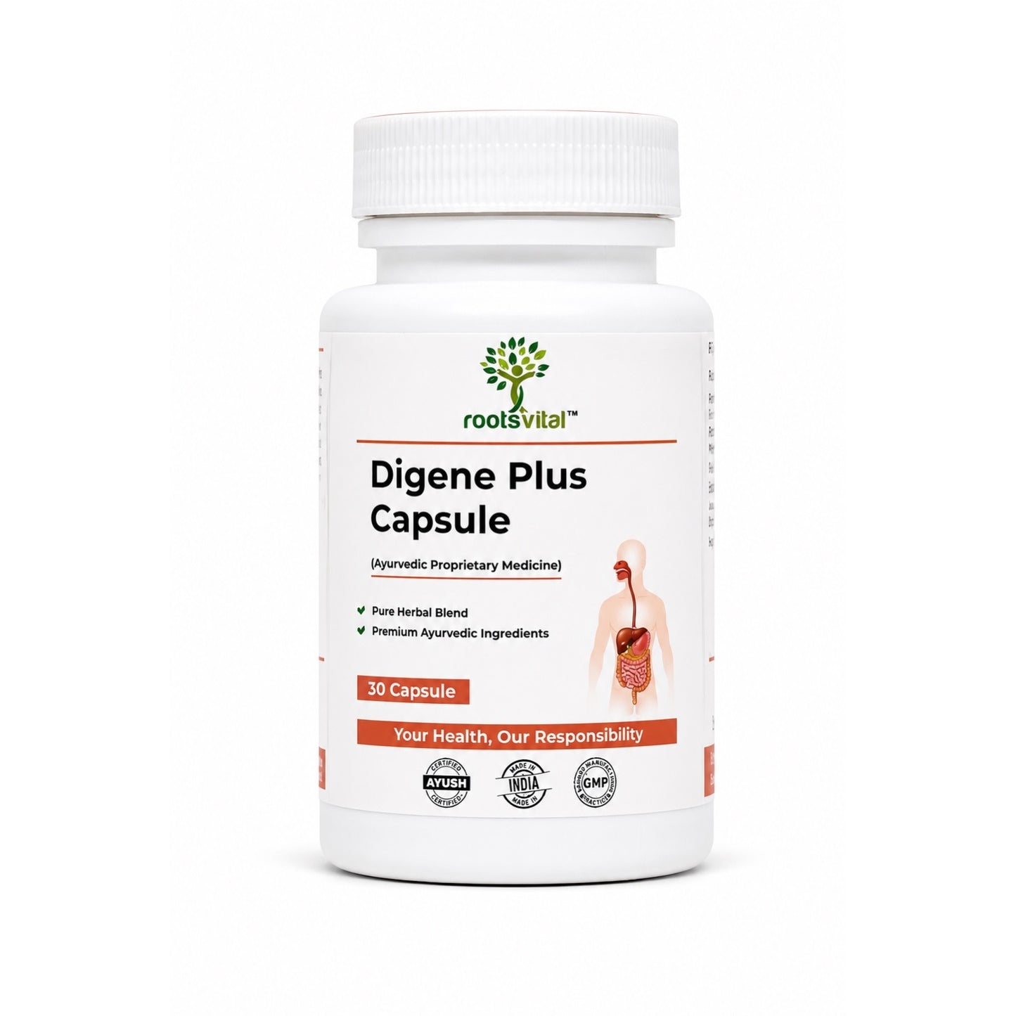 A white plastic bottle of RootsVital Digene Plus Capsule, containing 30 capsules, shown on a clean white background with a soft shadow.