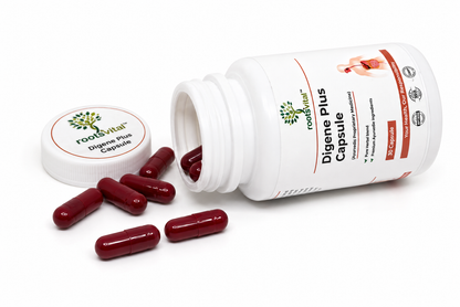 A white bottle of RootVital Digene Plus Capsule supplement, shown with its cap off and several dark red capsules spilled out on a clean white background.