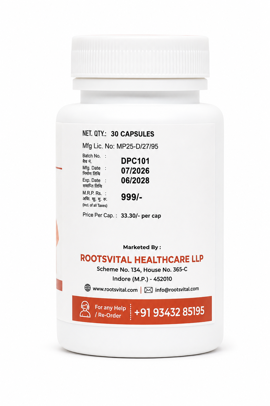 A white plastic bottle of dietary supplements with a white cap, featuring black and red printed text on the label. The label includes product details, manufacturer information for Rootsvital Healthcare LLP, and contact details, set against a plain white background.