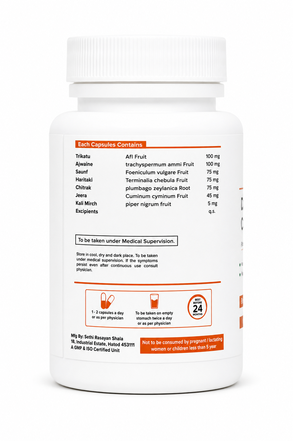 A white plastic bottle of dietary supplements showing the back label with text and dosage information, photographed on a clean white background.